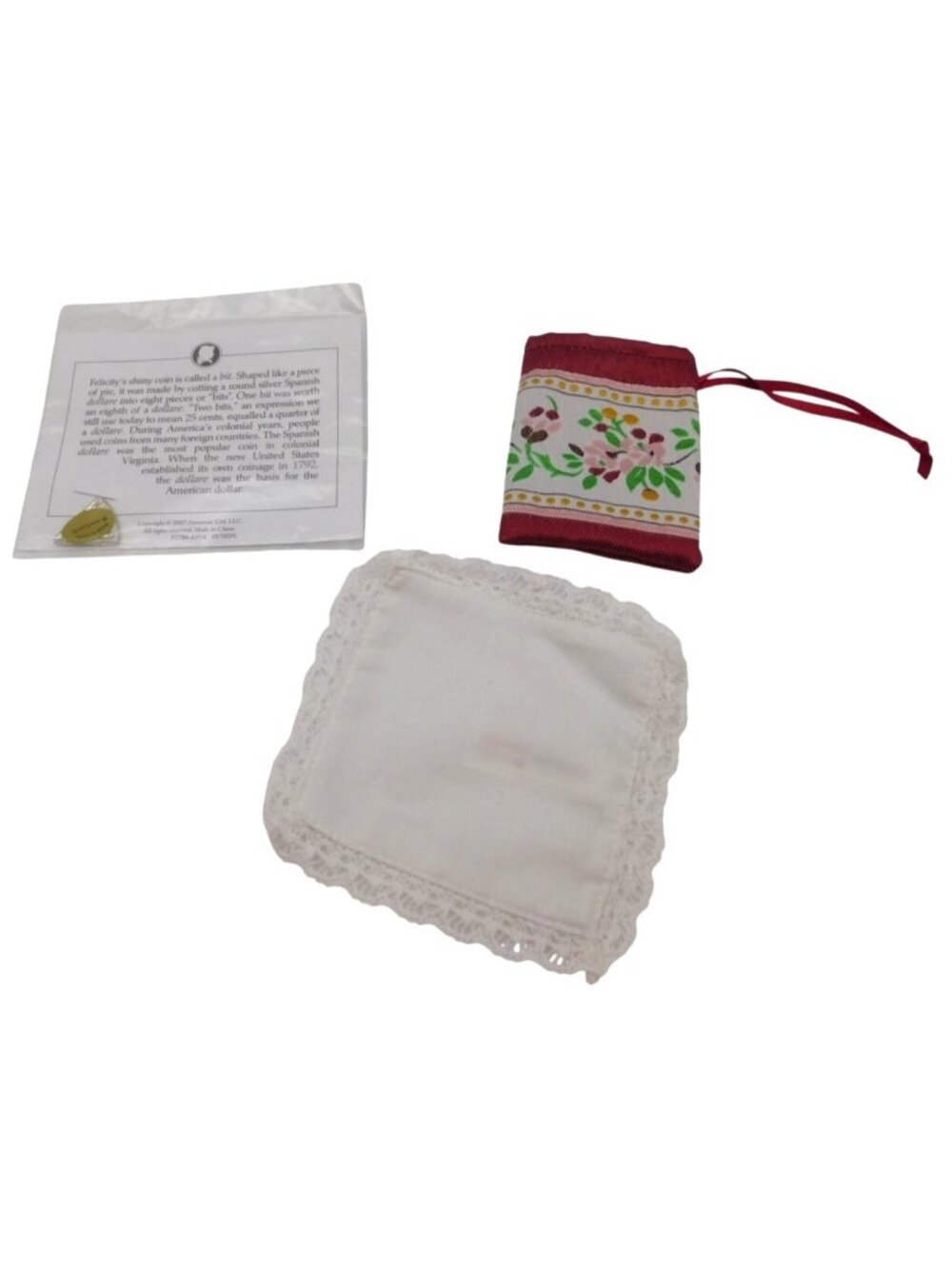 American Girl Felicity Doll Partial Meet Accessories Bag Hankie Sealed Bit